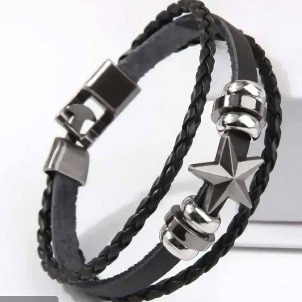 New Silver Star Leather Bracelet